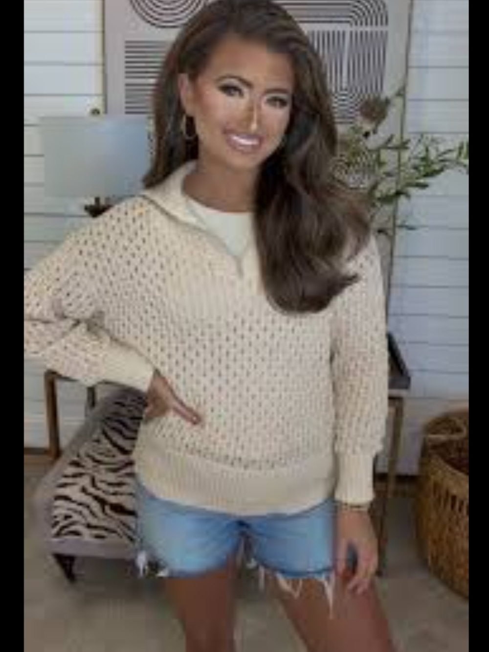 white birch Cream Open-Weave Collared Pullover Sweater